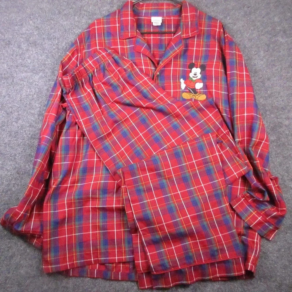 Disney Store Pajama Set Mens Large Red Plaid Mickey Mouse Flannel Button Front - Picture 1 of 14